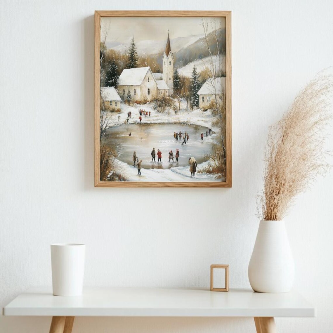 Ice Skating On Frozen Lake By Snowy Village Church Winter Poster - Image 3