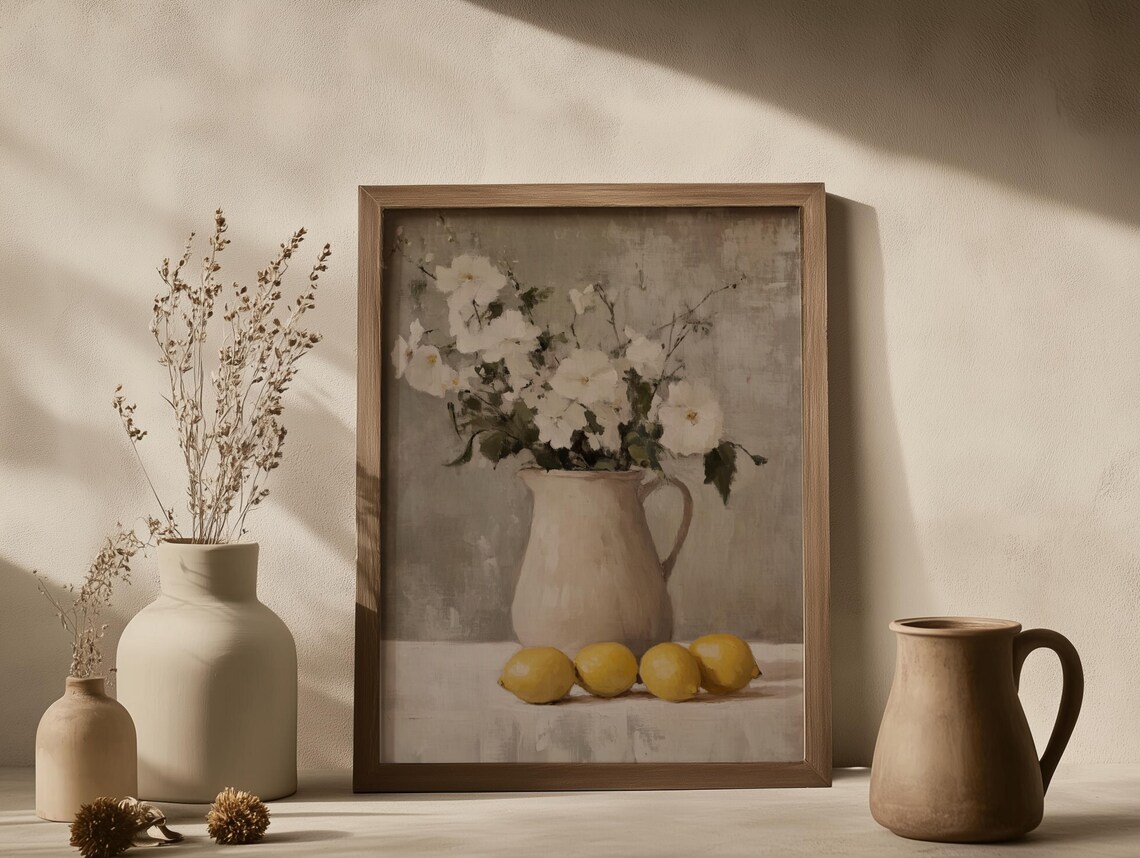 Vintage Still Life with Flowers and Lemons, Art Print - Image 3