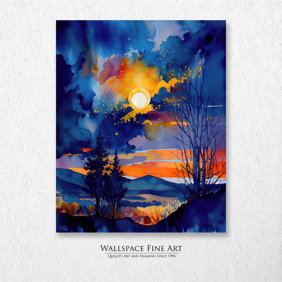 Brilliant Sunset Landscape Watercolor Painting Wall Art Dcor Print Wallspace Fine 20125