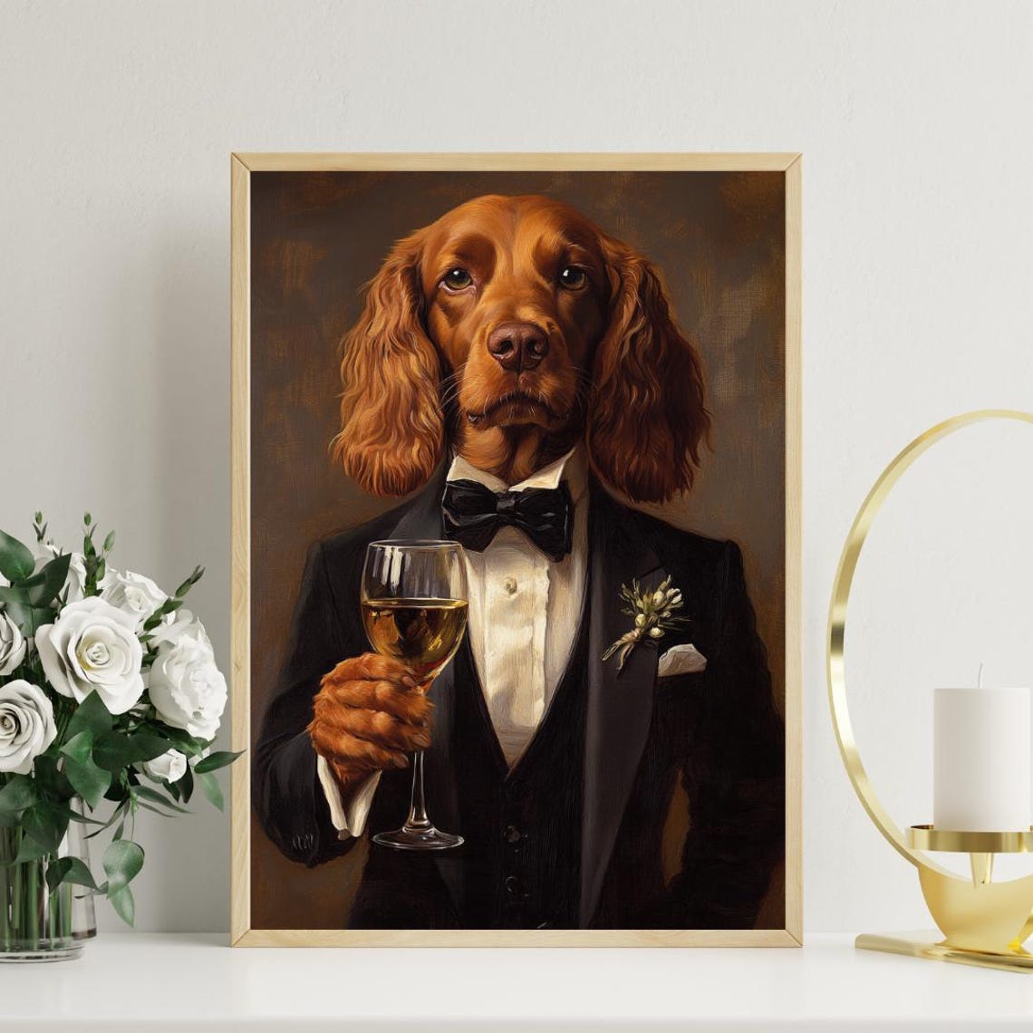 Irish Setter in Tuxedo with Wine Glass Renaissance Dog Poster - Image 3