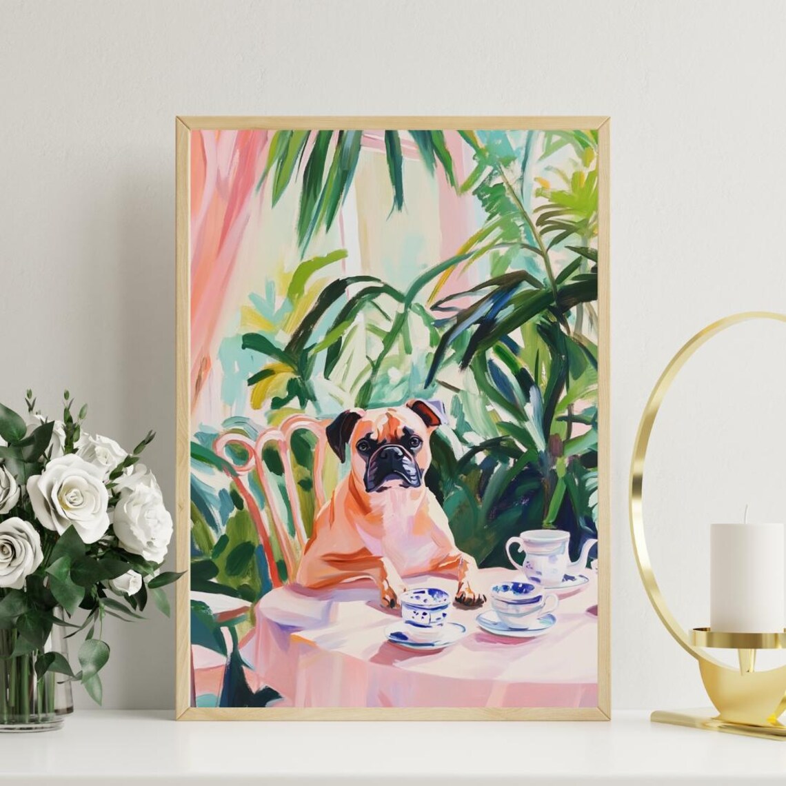 Boxer Dog Retro Garden Tea Party Vintage Pastel Painting Poster - Image 3