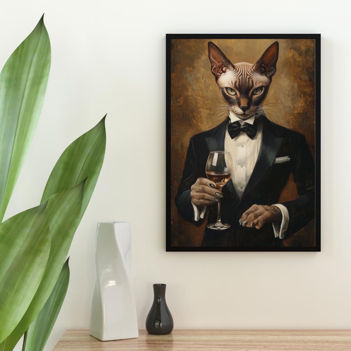 Oriental Shorthair In Tuxedo Holding White Wine Glass Cat Portrait Poster - Image 2