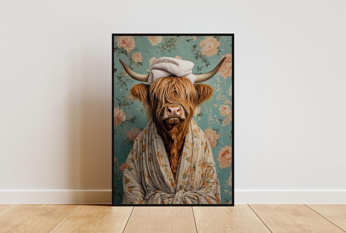 Highland Cow In Floral Bathrobe With Towel Turban Funny Poster