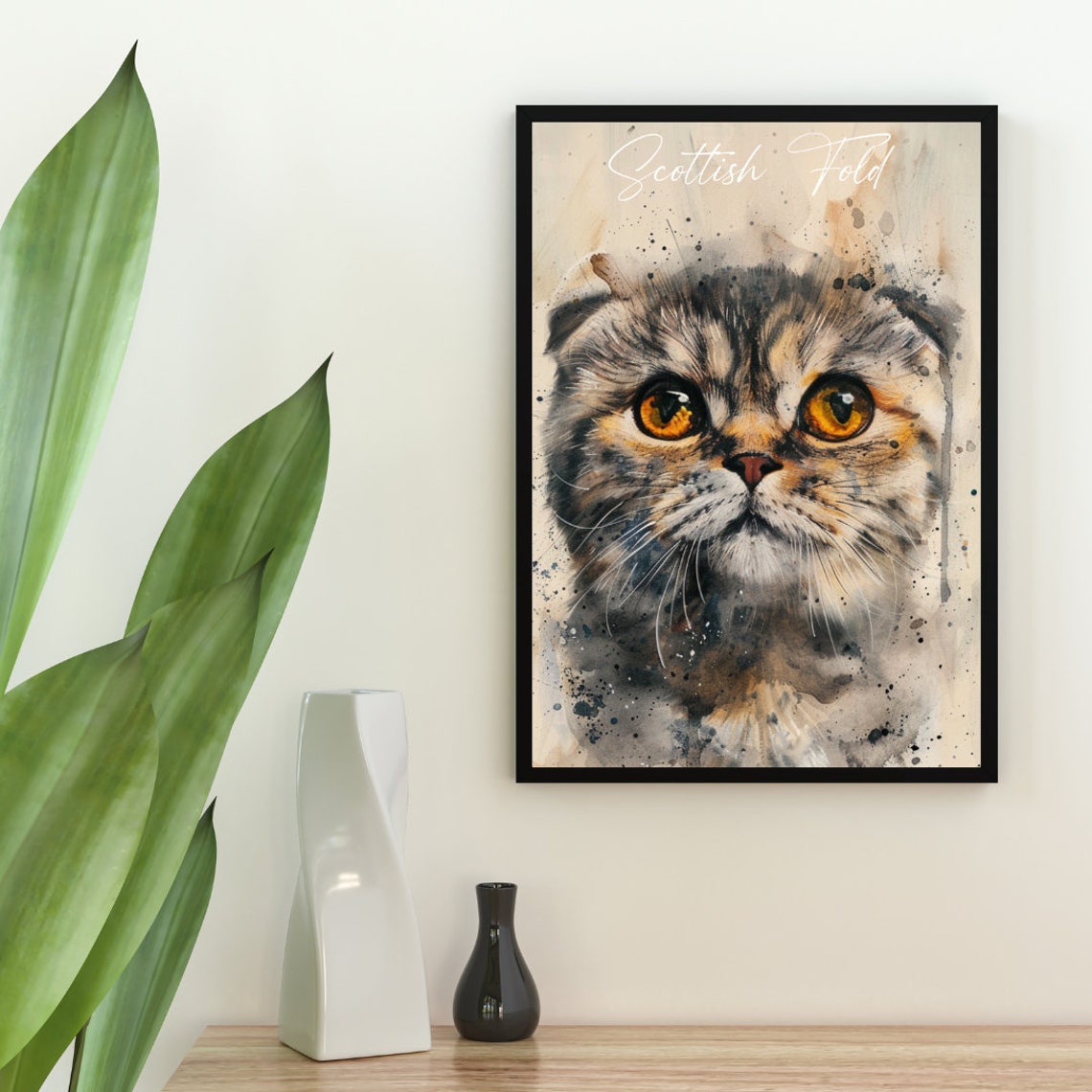 Scottish Fold Cat Watercolor Portrait Big Eyes Fine Art Poster - Image 2