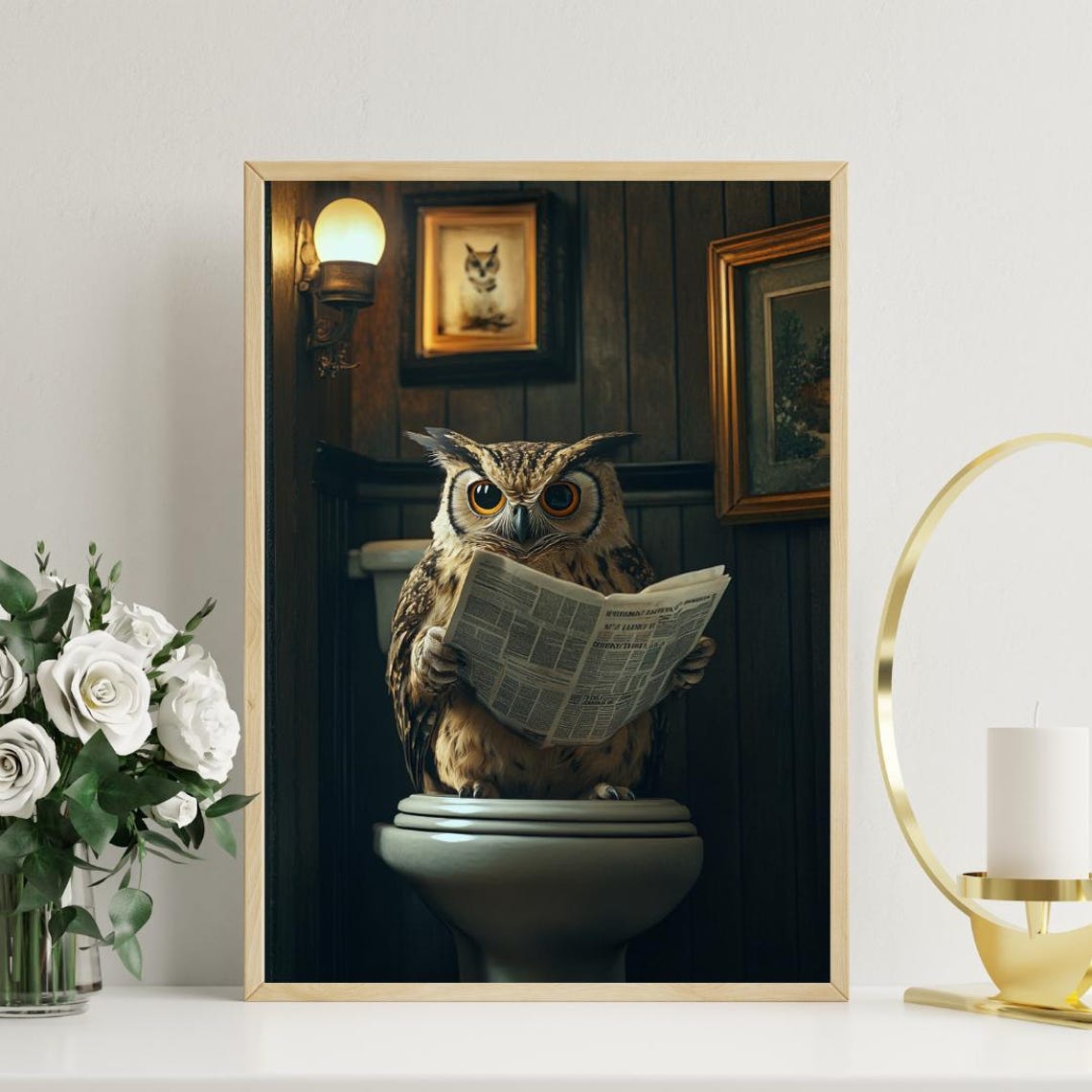 Owl on a Toilet Reading a Newspaper in a Dark Wood Bathroom Poster - Image 3