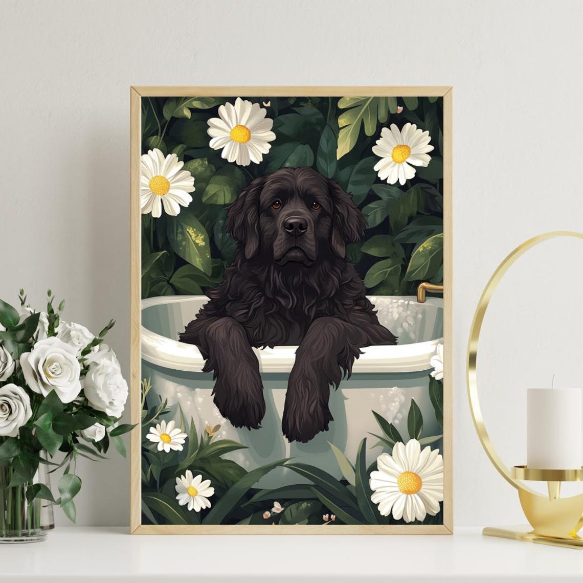 Newfoundland Relaxing In Floral Bathtub Funny Big Dog Poster - Image 3