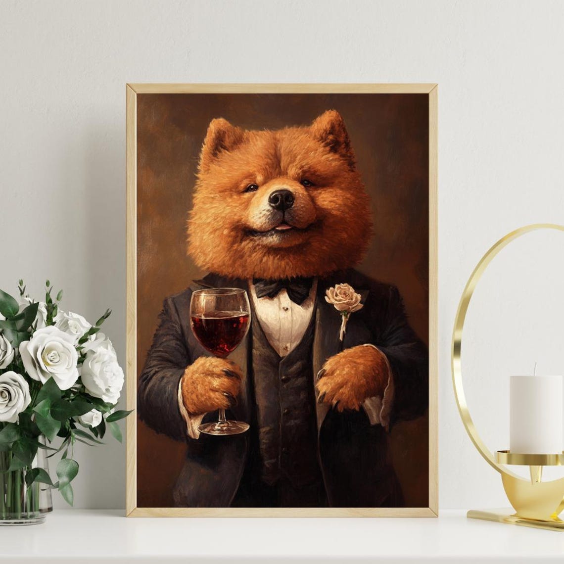 Chow Chow In Tuxedo Holding Red Wine Glass Fluffy Dog Portrait Poster - Image 3