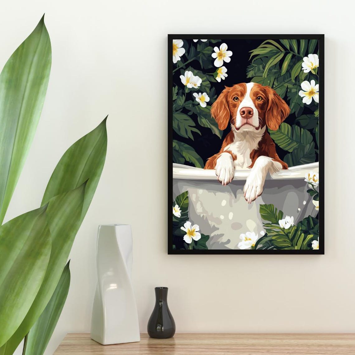 Brittany Spaniel in Bathtub Orange Dog Bathroom Floral Art Poster - Image 2
