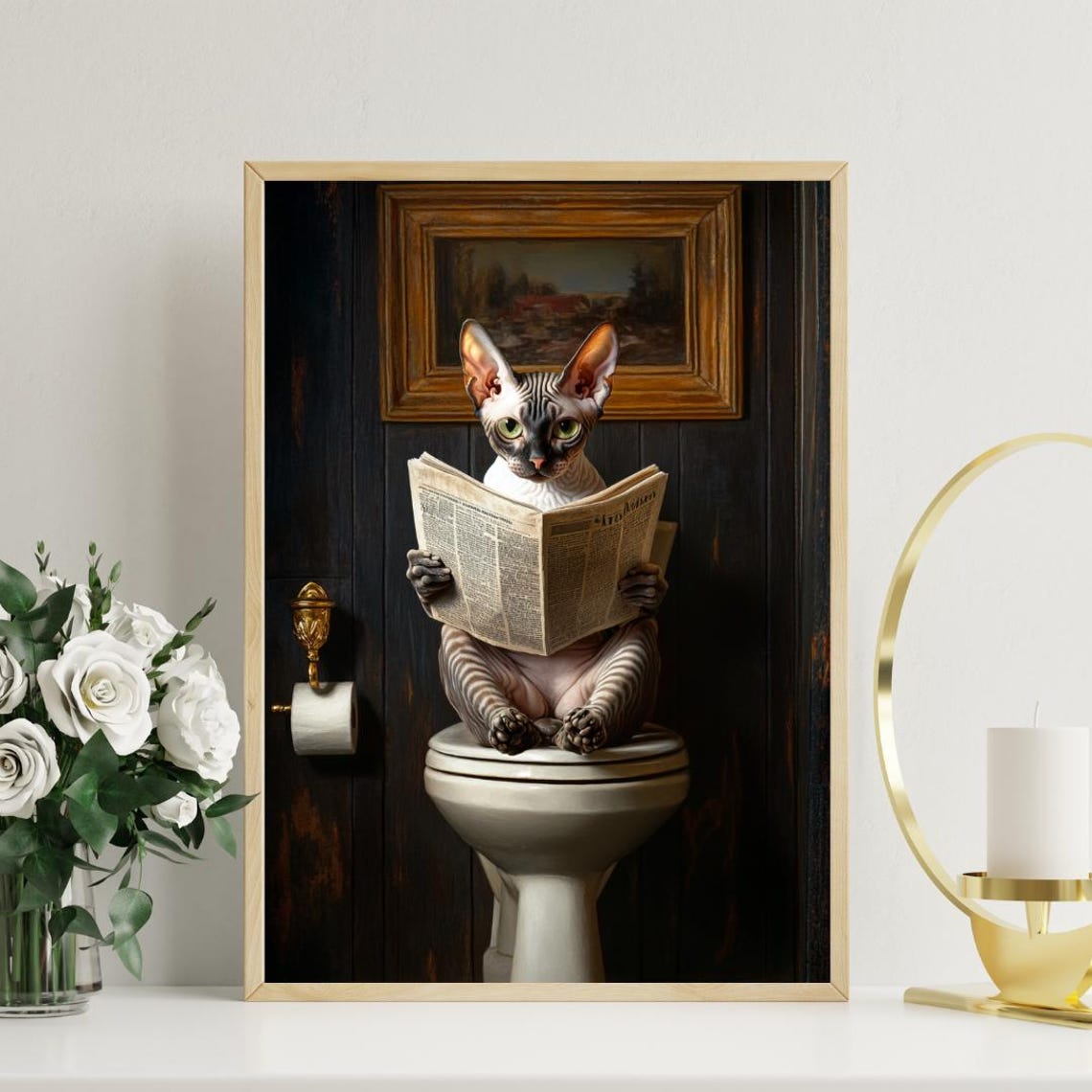 Cornish Rex Cat on a Toilet Reading a Newspaper in a Bathroom Poster - Image 3