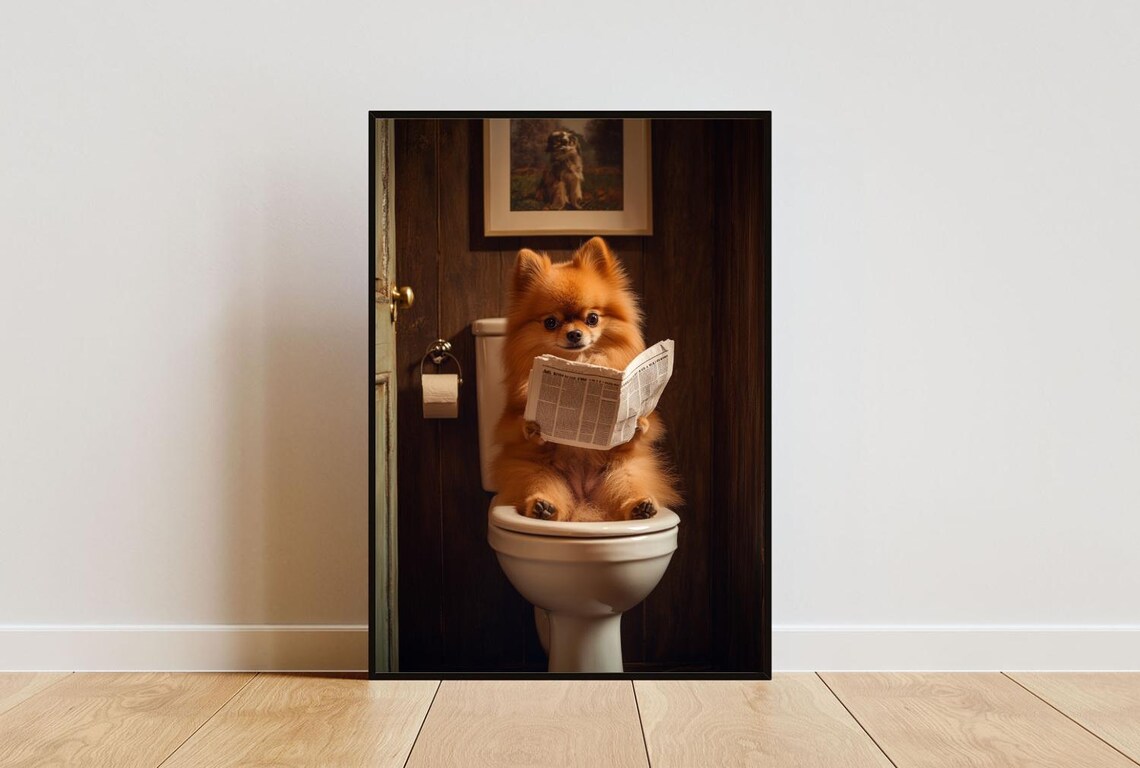 Pomeranian On Toilet Bathroom Dog Poster Print