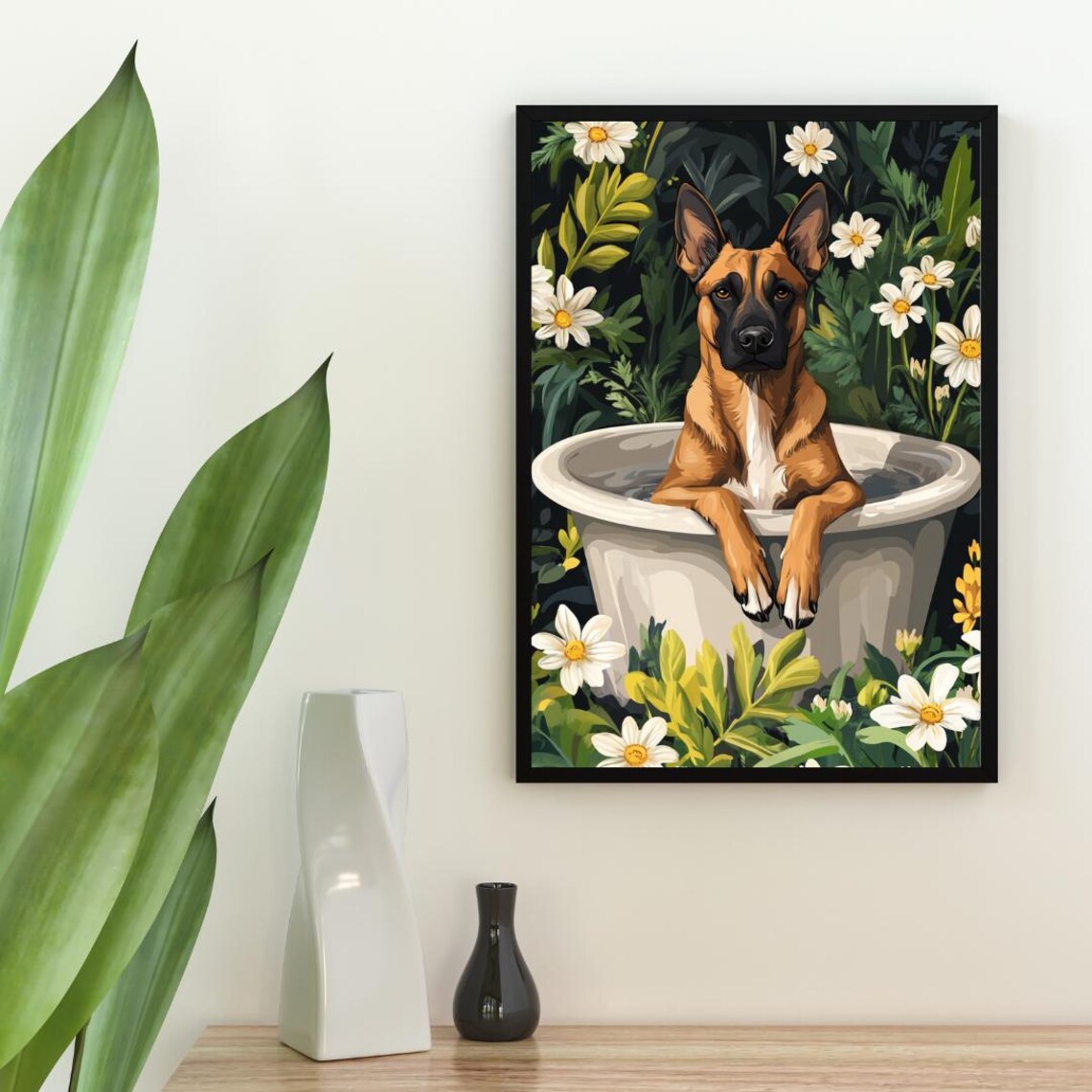 Belgian Malinois in Bathtub Tan Dog Bathroom Daisy Floral Art Poster - Image 2