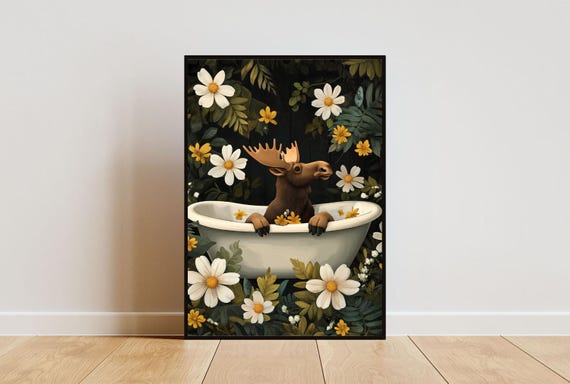 Moose In Bathtub Poster Funny Animal Poster Moose Bathroom Print Moose Bath Poster Animal Bathroom Wall Art Animal Print Stag Poster