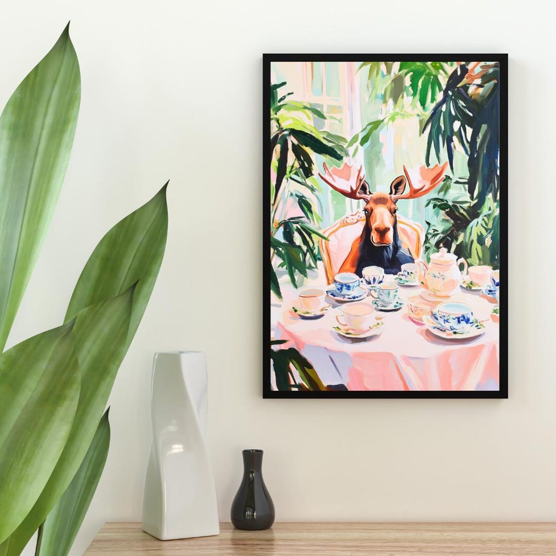Moose at Tea Table Whimsical Wildlife Painting Portrait Poster - Image 2