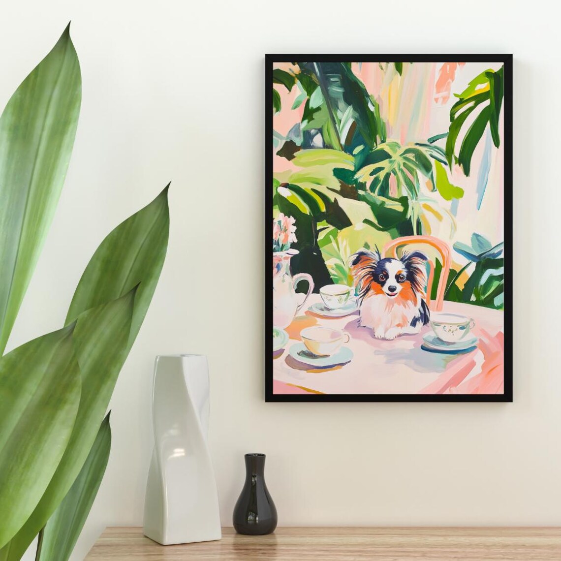 Papillon Dog Garden Tea Party Pastel Oil Painting Style Poster - Image 2