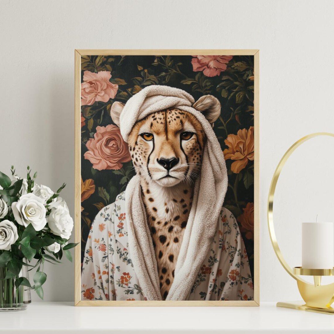 Cheetah In Floral Bathrobe With Towel Turban Funny Animal Poster - Image 3