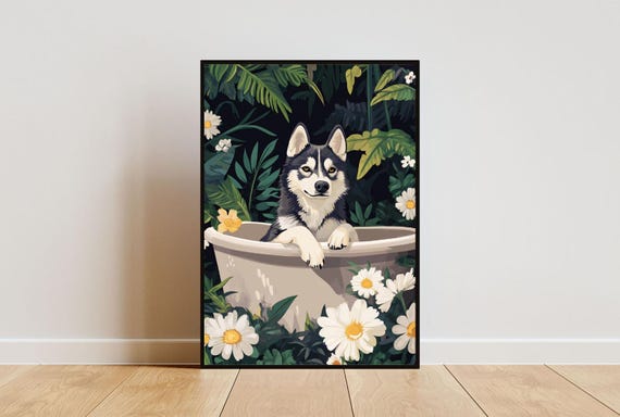 Siberian Husky In Bathtub Poster Funny Dog Poster Husky Bathroom Print Husky Bath Poster Pet Poster Dog Bathroom Wall Art Funny Husky