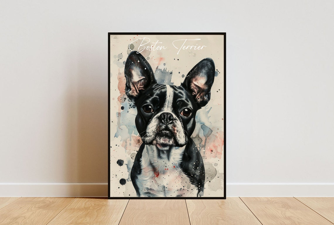 Boston Terrier Watercolor Dog Breed Portrait Poster Script Name Detail