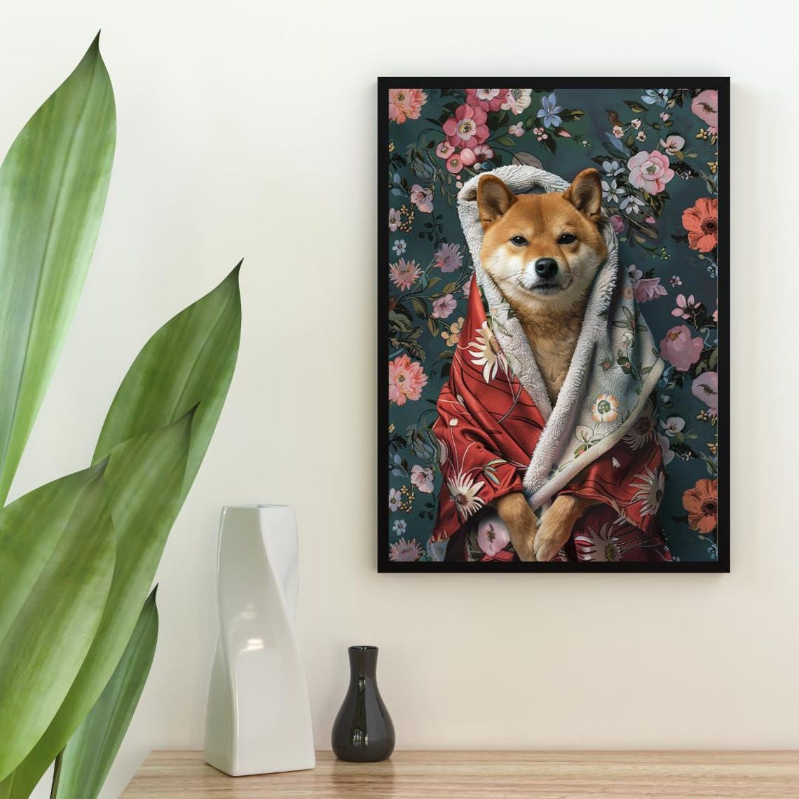 Shiba Inu In Red Bathrobe Spa Day Portrait Funny Dog Wall Poster - Image 2