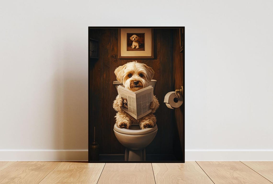 Havanese Sitting On Toilet Reading Newspaper Funny Bathroom Poster