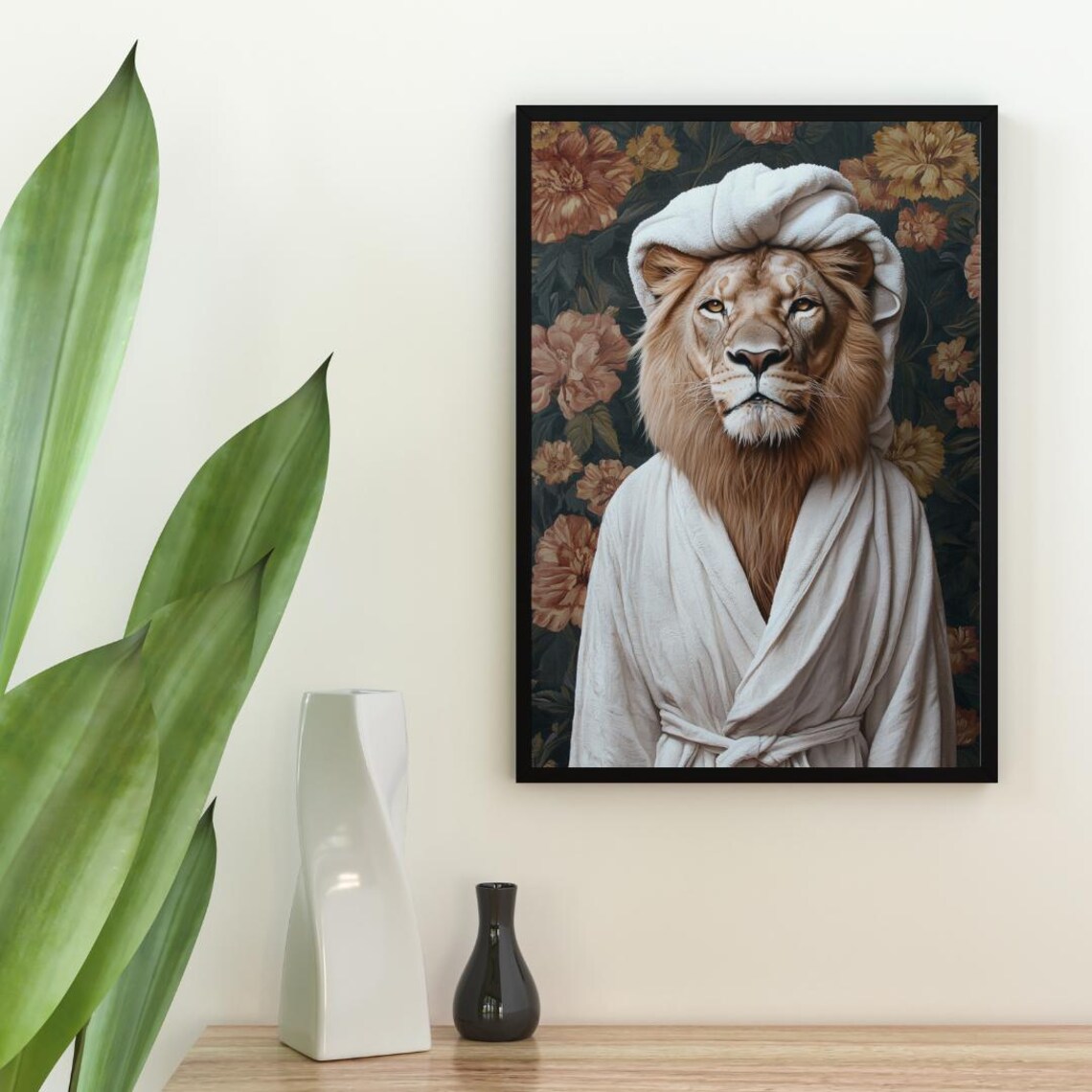 Lion In Bathrobe Poster Animal Poster Lion Bathroom Print Animal Wall Art Lion Portrait Animal Bathroom Poster Funny Lion Poster - Image 2