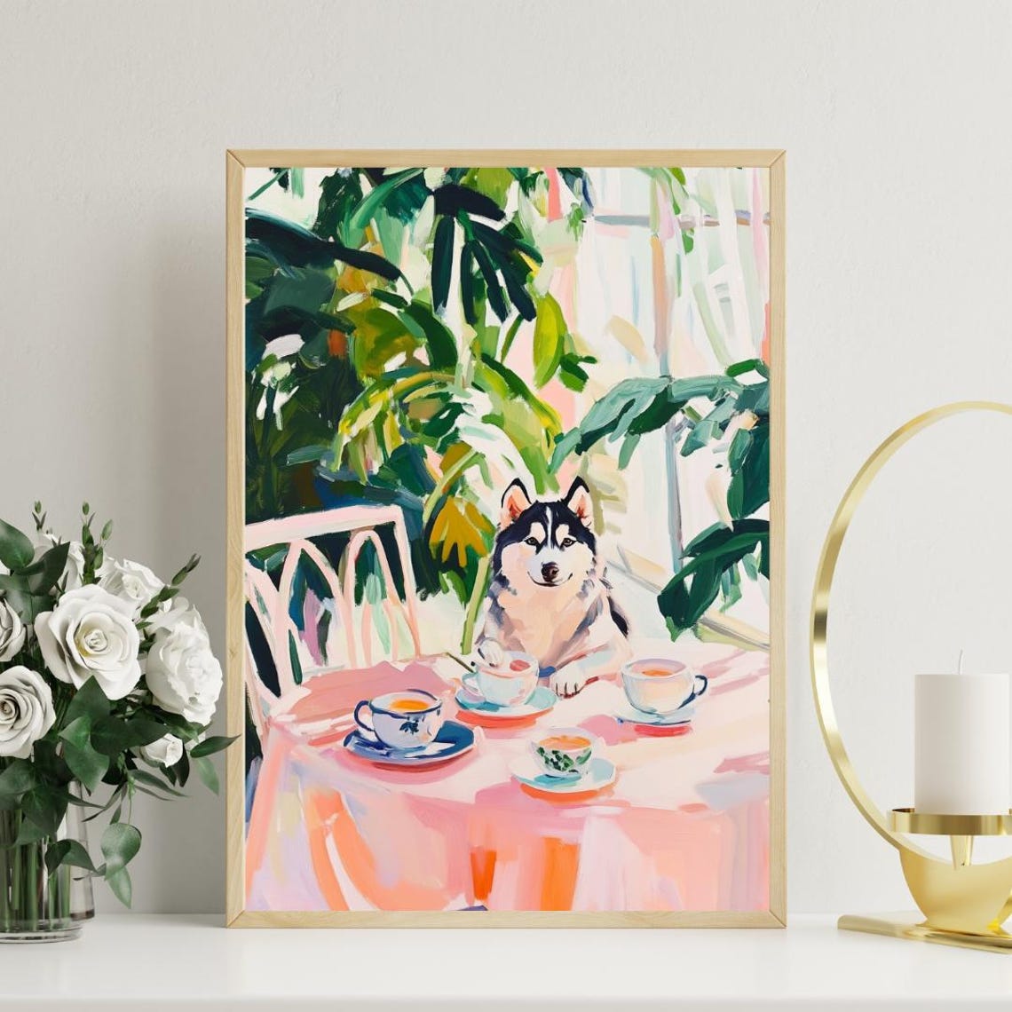 Siberian Husky Dog Garden Tea Party Pastel Painting Style Poster - Image 3