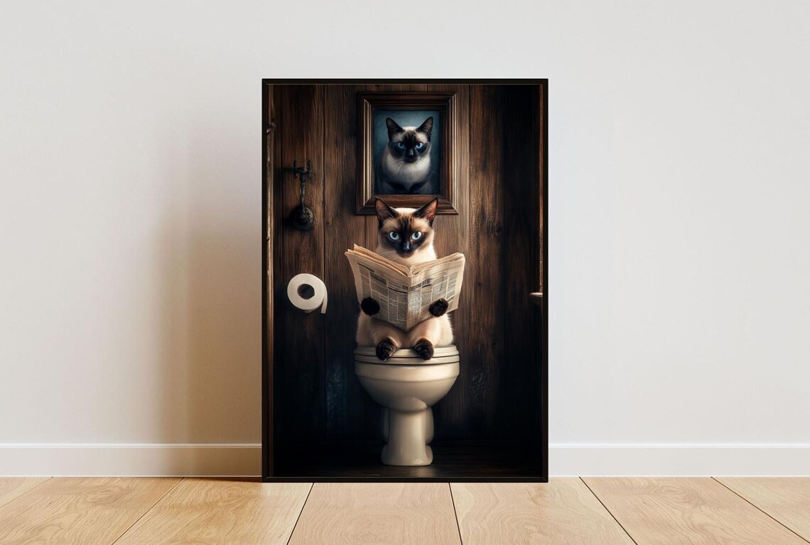 Siamese On Toilet Poster, Bathroom Cat Portrait
