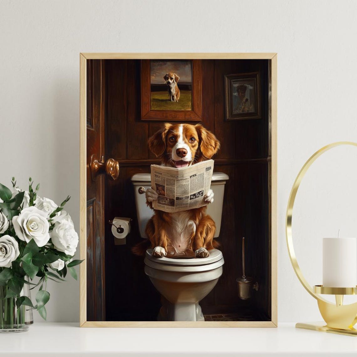 Brittany Spaniel On Toilet Reading Newspaper Funny Bathroom Poster - Image 3