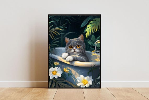 British Shorthair In Bathtub Poster Funny Cat Poster British Shorthair Bathroom Print British Shorthair Bath Poster Cat Bathroom Wall Art