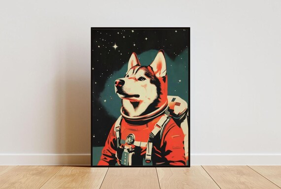Husky Astronaut Vintage Retro Starry Space Portrait Poster Art