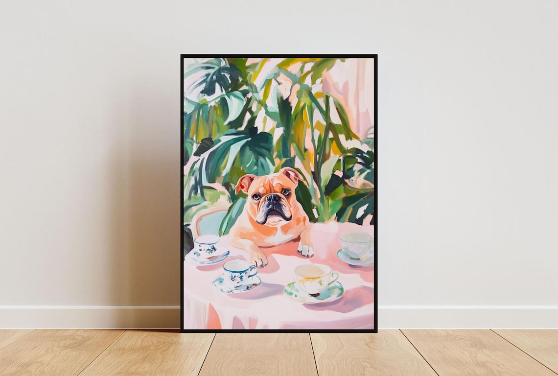 Bulldog Dog Garden Tea Party Pastel Oil Painting Style Poster