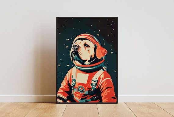 Puppy Dog Astronaut Vintage Retro Starry Space Portrait Poster
