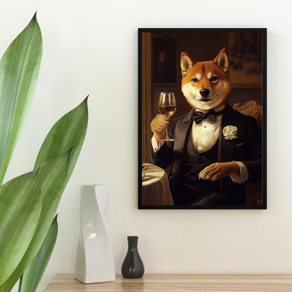 Shiba Inu Dog In Tuxedo Holding White Wine Smiling Fox Portrait Poster - Image 2