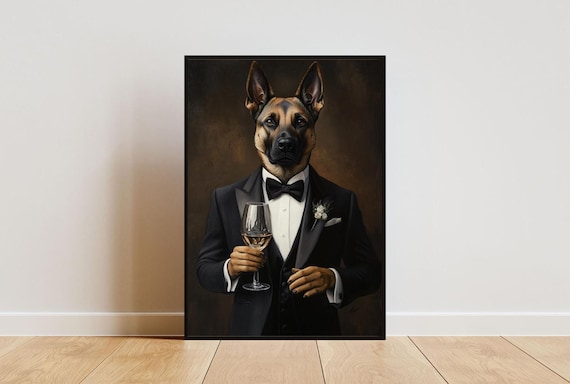 Belgian Malinois In Tuxedo Holding White Wine Formal Dog Portrait Poster