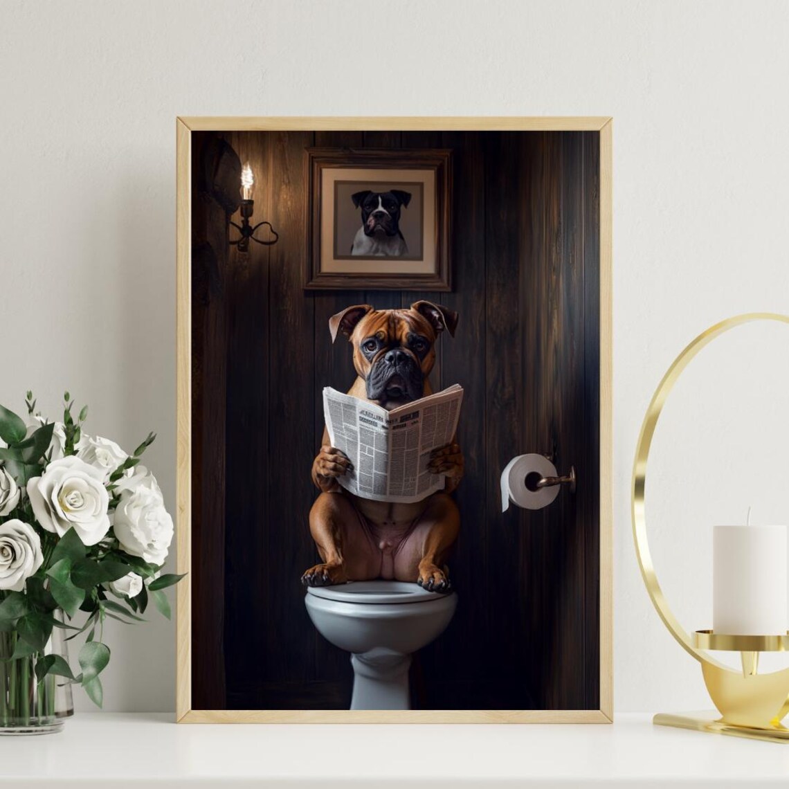 Funny Boxer Dog on Toilet Reading Newspaper Bathroom Art Poster - Image 3