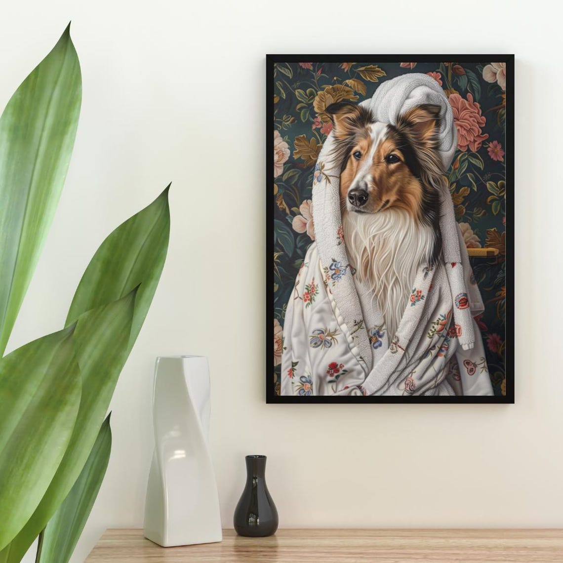 Collie In Bathrobe Spa Day Portrait Funny Fluffy Dog Wall Poster - Image 2
