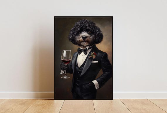 Portuguese Water Dog In Tuxedo Poster Pet Poster Portuguese Water Dog In Suit Print Wall Art Portuguese Water Dog Portrait Funny Pet