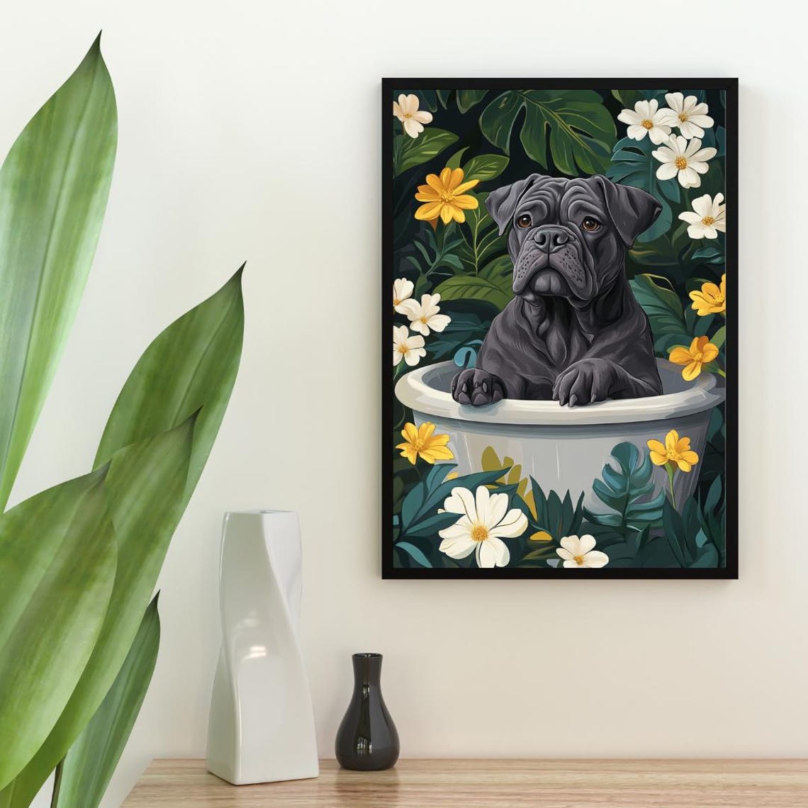 Cane Corso in Bathtub Gray Puppy Bathroom Tropical Floral Art Poster - Image 2