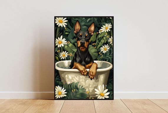 Doberman Pinscher In Bathtub Poster Funny Dog Poster Doberman Bathroom Print Doberman Pinscher Bath Poster Pet Poster Dog Bathroom Art