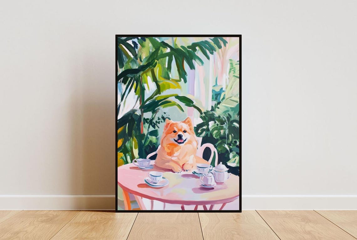 Chow Chow Dog Tea Party Fluffy Cream Smiling Cute Pet Portrait Poster