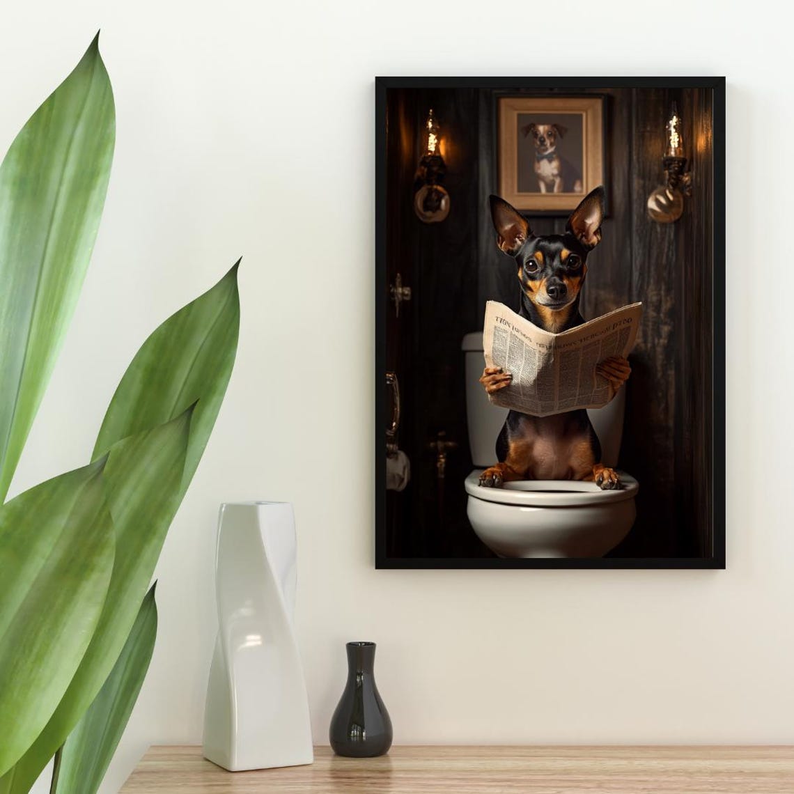 Miniature Pinscher Sitting On Toilet Reading Newspaper Poster - Image 2