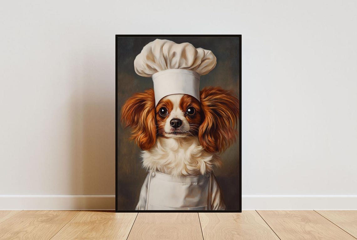 Cute Papillon Chef Hat Apron Portrait Funny Dog Kitchen Poster