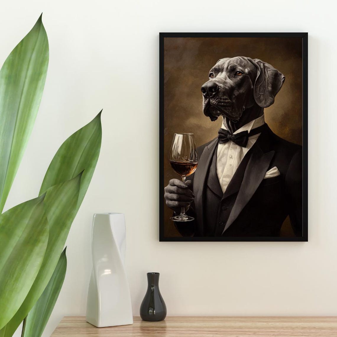 Great Dane in an Elegant Black Tuxedo Portrait Holding Red Wine Poster - Image 2