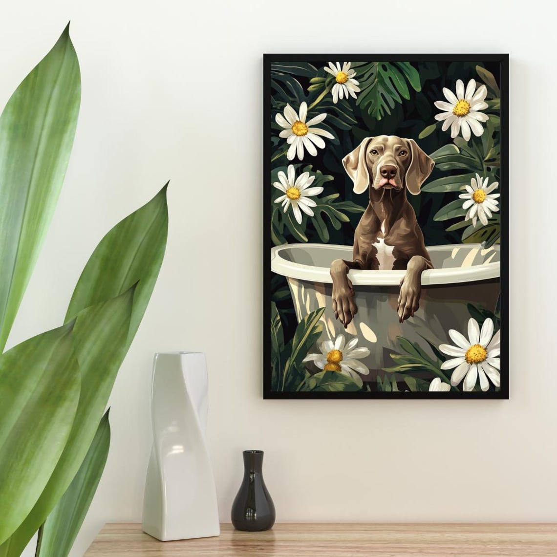 Weimaraner Dog Funny Bathtub Daisy Vintage Botanical Art Poster - Image 2