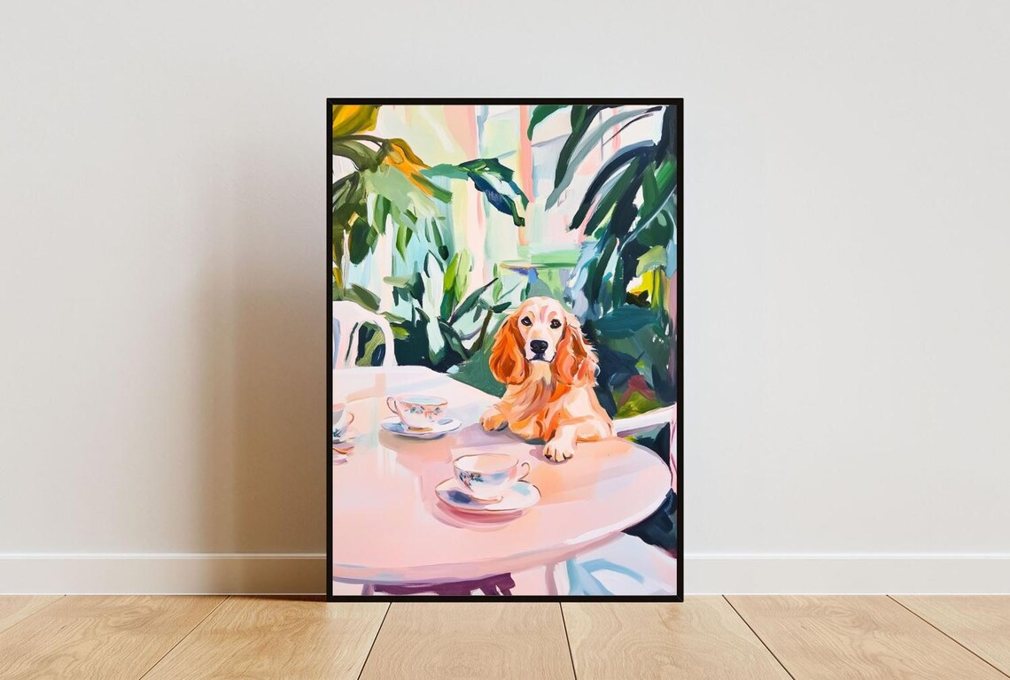 English Cocker Spaniel Tea Party Pastel Oil Painting Style Poster
