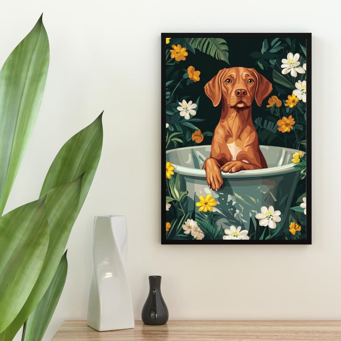 Vizsla in Bathtub Rust Brown Dog Bathroom Tropical Floral Art Poster - Image 2