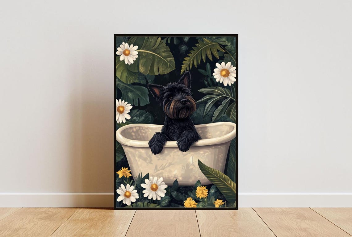 Scottish Terrier Bath Time Among Daisies Cute Funny Dog Poster