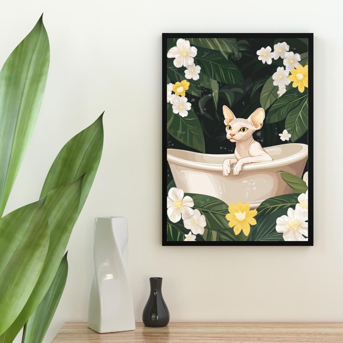 Sphynx Cat in Bathtub Botanical Bathroom Poster Funny Quirky Room Decor - Image 2