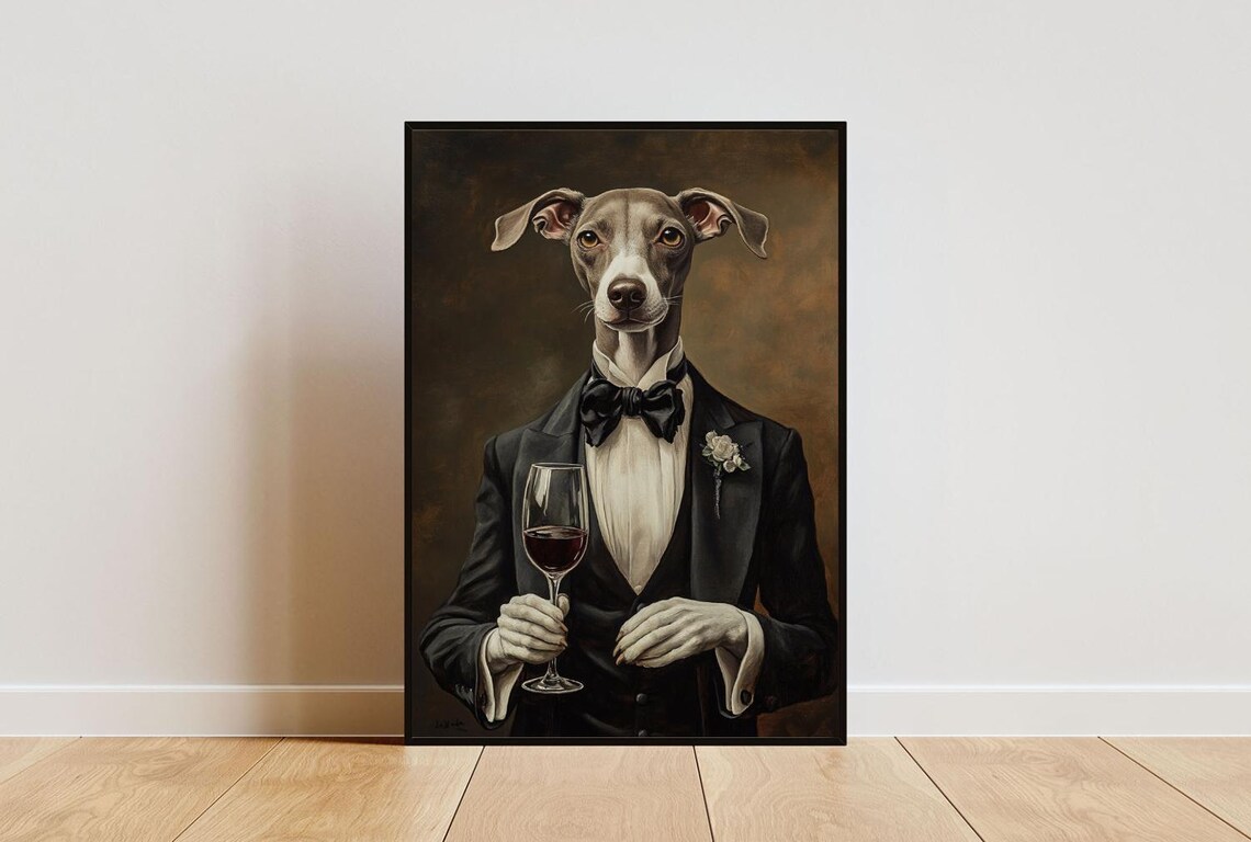 Whippet In Tuxedo Poster Pet Poster Whippet In Suit Print Whippet Portrait Dog Living Room Poster Funny Whippet Art Funny Pet Print