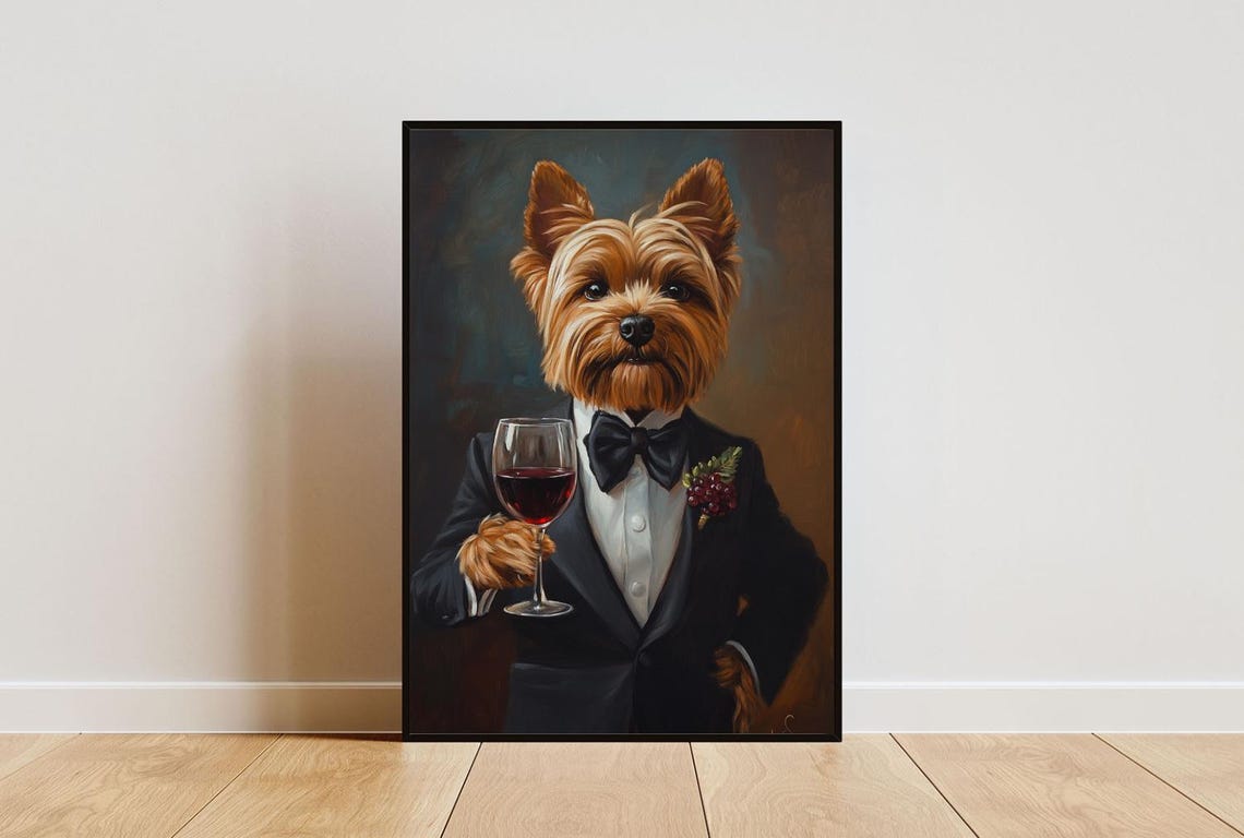 Yorkshire Terrier in Black Tie Tuxedo Holding Red Wine Poster