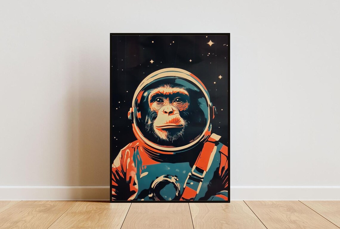 Monkey Astronaut Retro Space Poster, Vintage Print